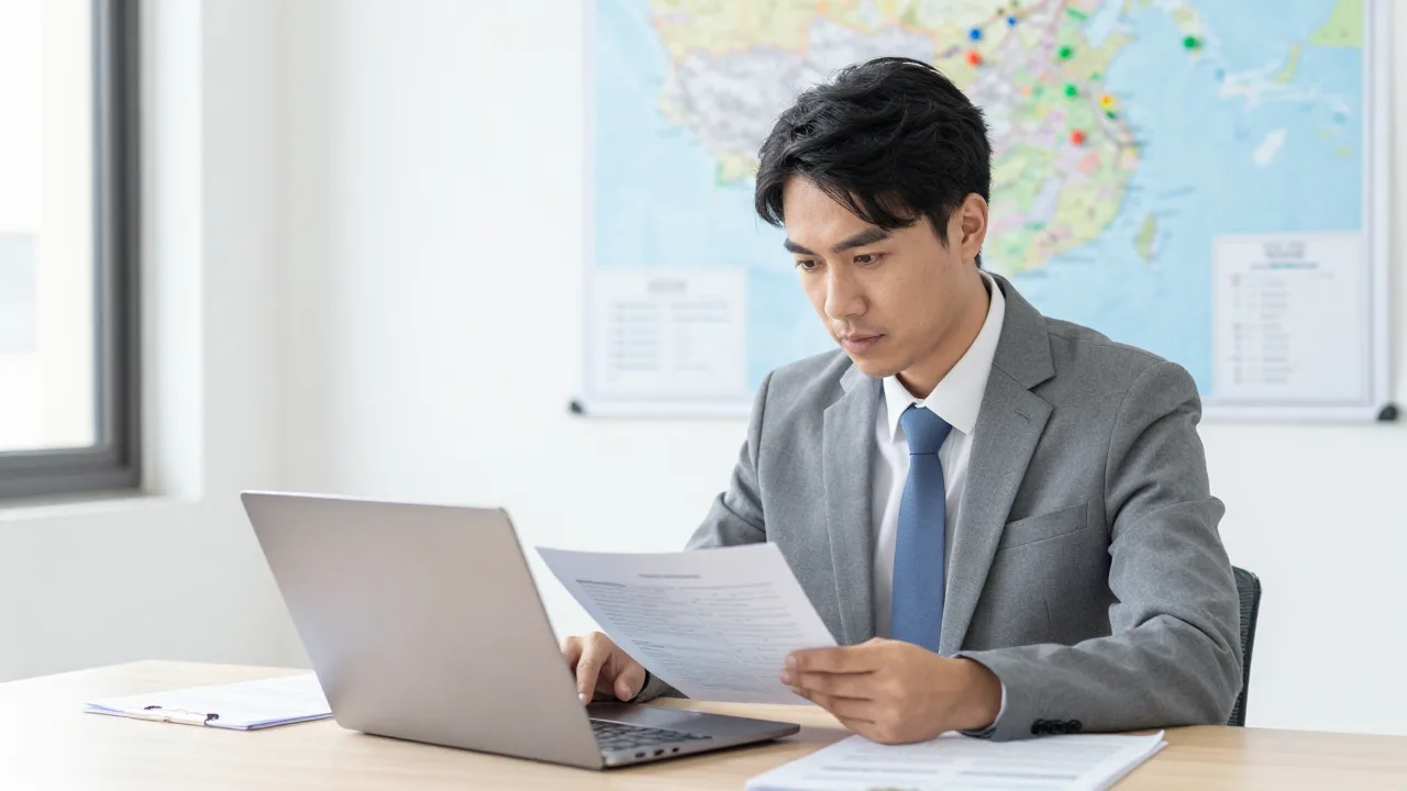 Regional restaurant manager reviewing a laptop and printed reports in a bright office with a wall map of locations behind
