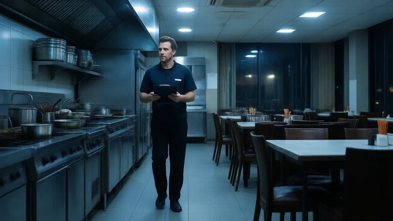 Kitchen manager with a clipboard walking a spotless closed restaurant kitchen at night with chairs up on tables beyond