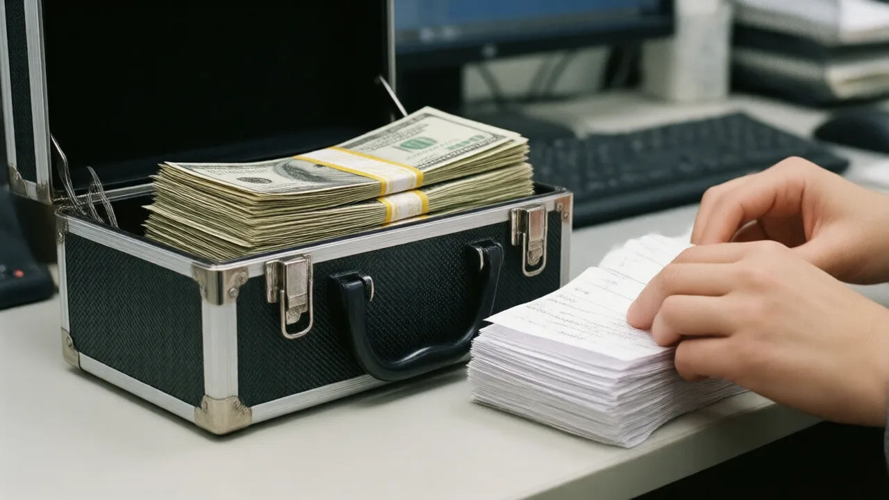 Metal cash box with banded bills and a stack of paper receipts on a back office desk, hands sorting receipts