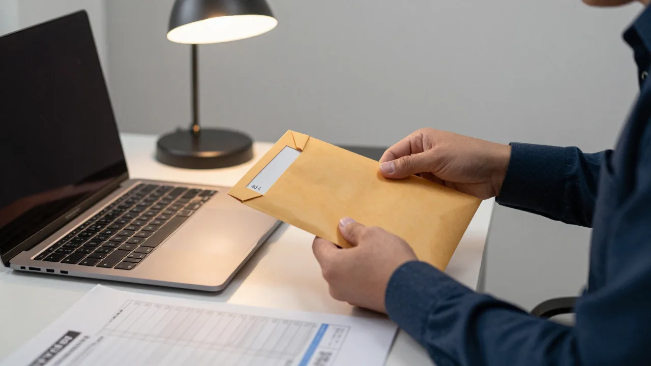 Manager counting cash tips into labeled envelopes at a back office desk beside a laptop and payroll paperwork