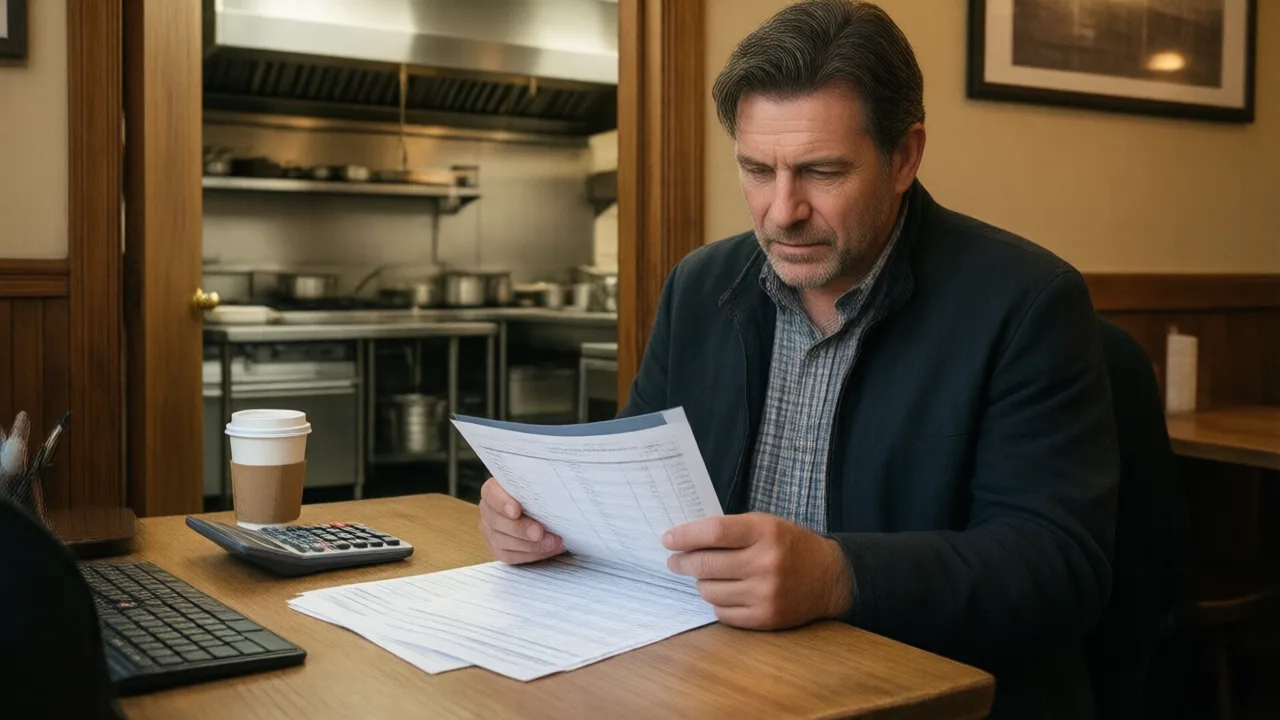 Restaurant owner reviewing printed profit and loss reports at a back office desk with a calculator, kitchen visible through the doorway